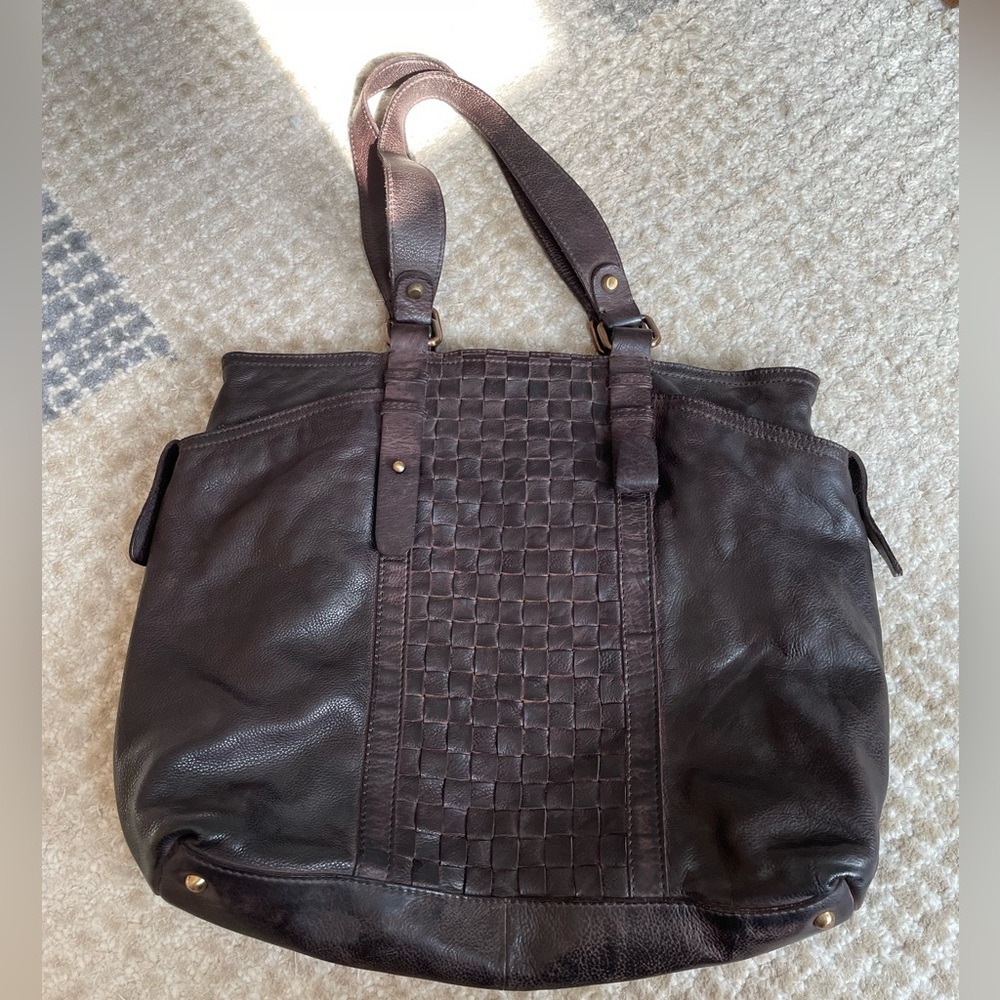 Brown leather bucket bag